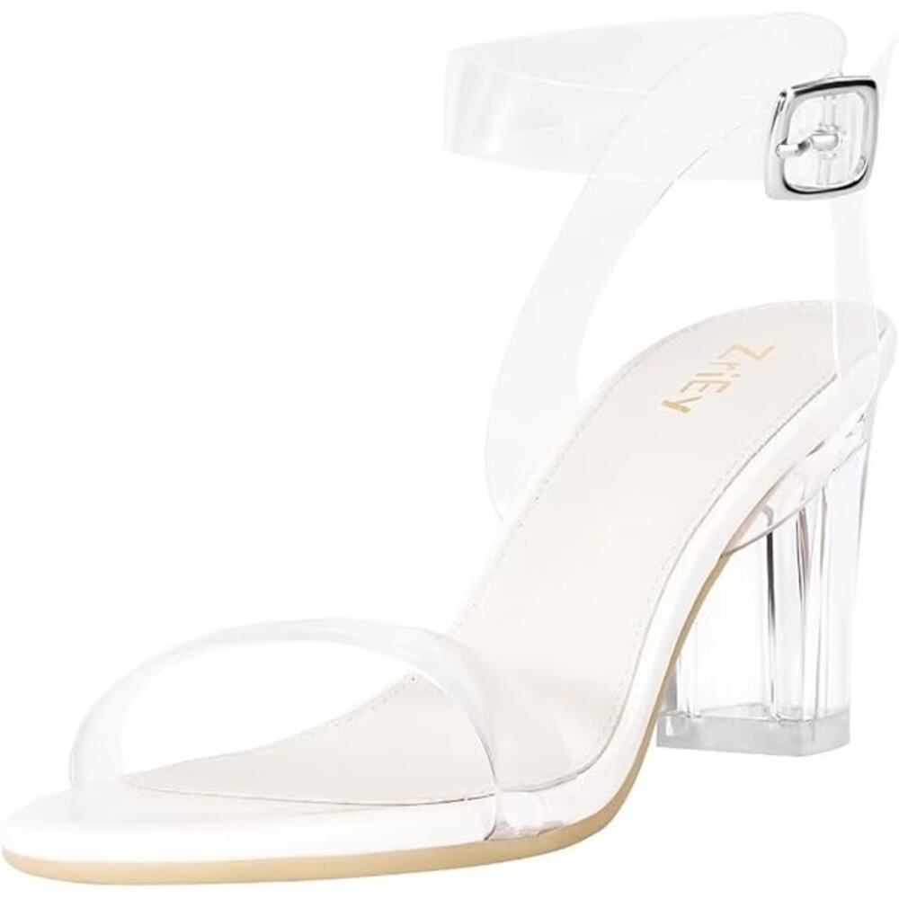 ZriEy Womens Size 8.5 Clear Ankle Strap 3" Chunky Block Heels Wedding Shoes